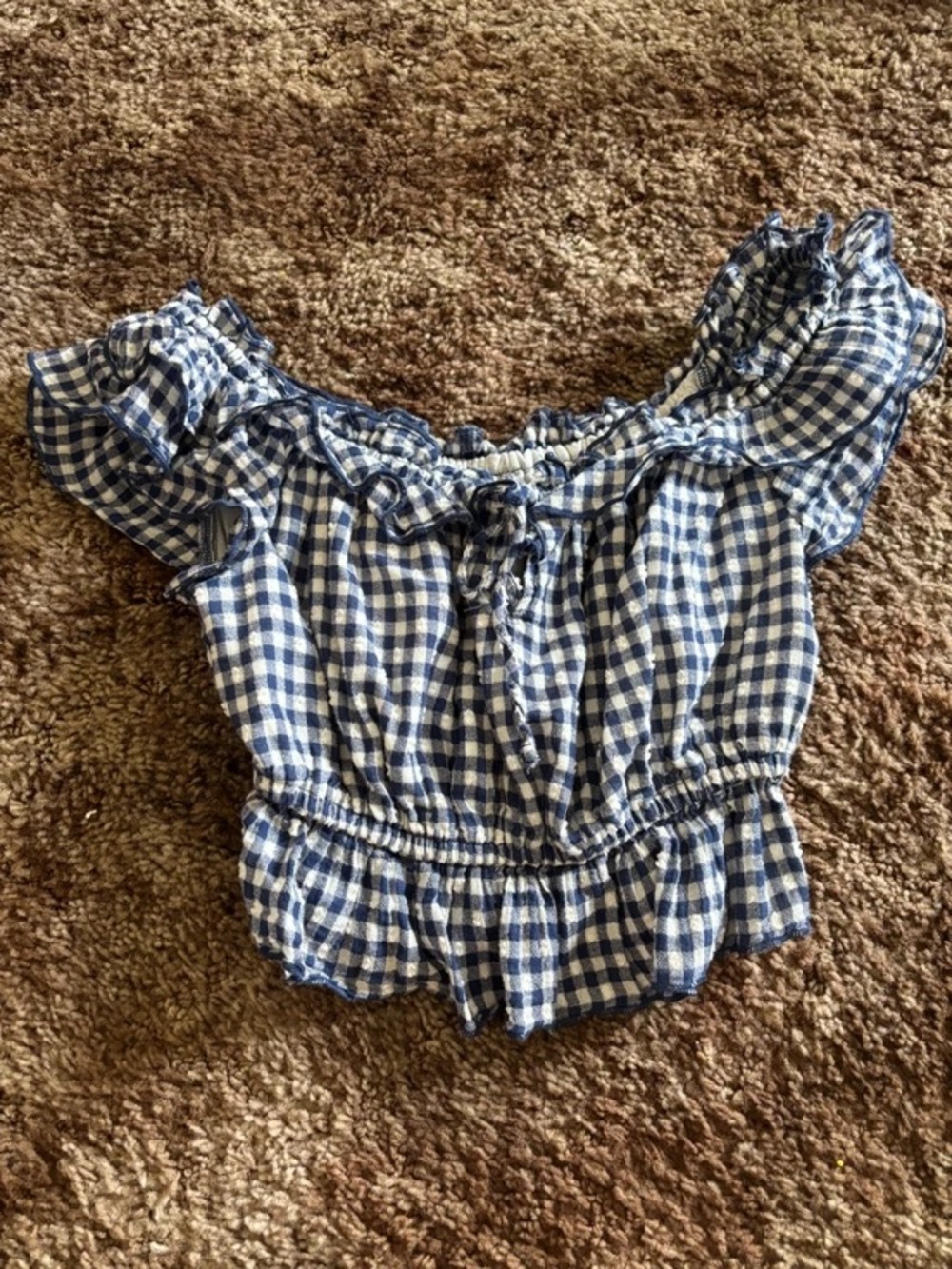 Blue Gingham Off-Shoulder Ruffle Crop Top